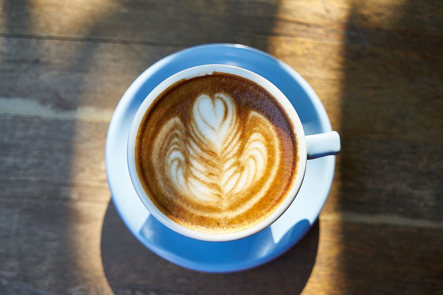 flower latte in teacup with saucer, coffee, cafe, coffee cup HD wallpaper