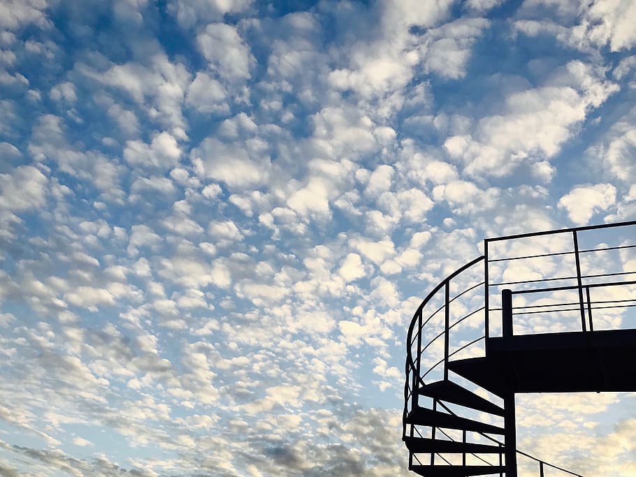 metal spiral staircase during daytime, sky, sunset, steps, stairs HD wallpaper