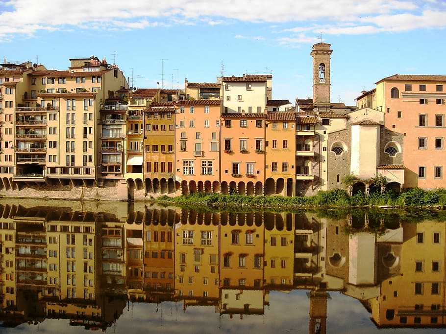 brown concrete buildings casting reflection on lake, Florence, Italy, HD wallpaper