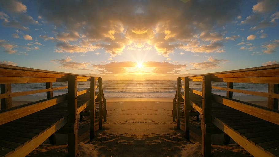 brown wooden dock on seashore, sunset, waters, dawn, bridge HD wallpaper