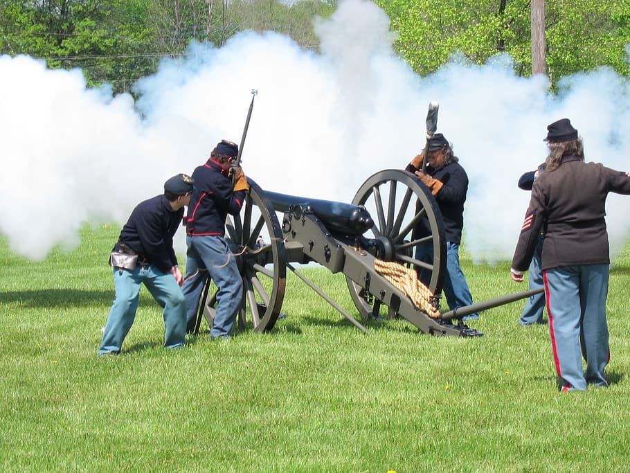 five man holding cannon, civil, war, history, reenactment, soldiers