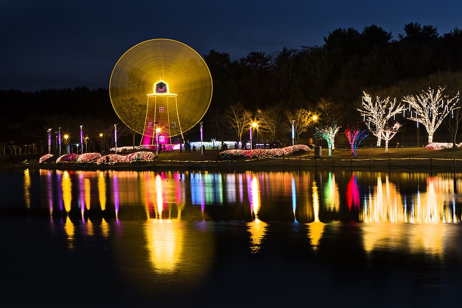 night view, windmill, lake, reflection, water, illuminated HD wallpaper