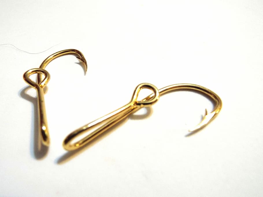 Hooked, Fishing, on, paper clip, metal, gold colored, office HD wallpaper