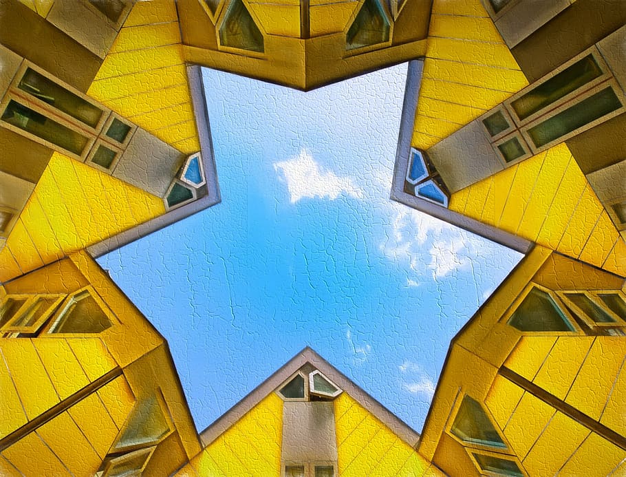 worm's-eye view of yellow houses under clear blue sky, rotterdam HD wallpaper