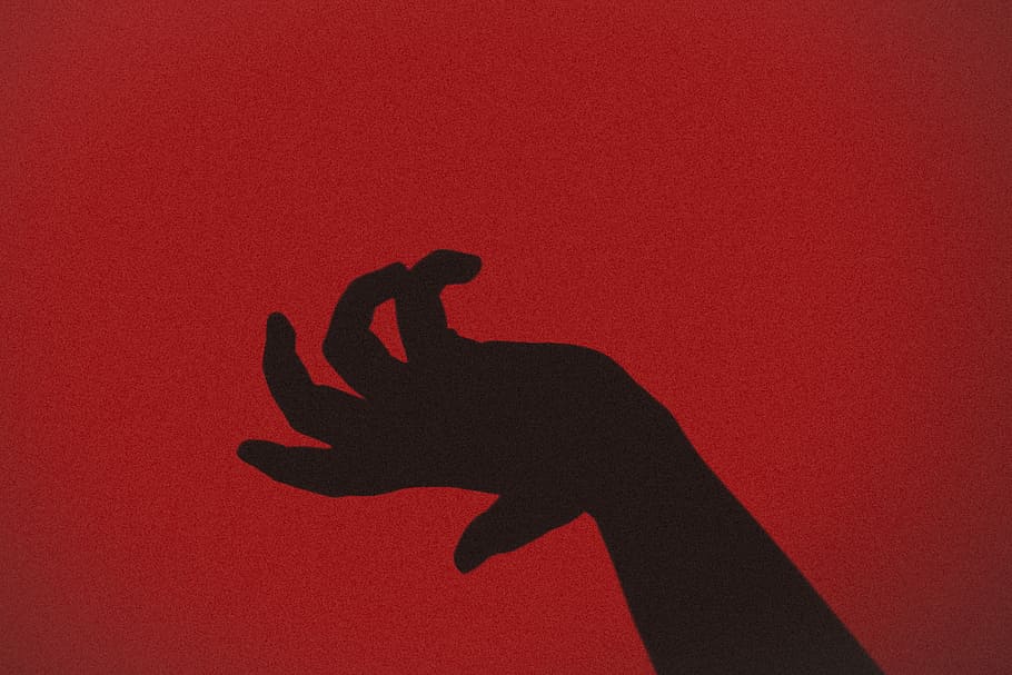 silhouette of hand with red background, silhouette of human hand HD wallpaper