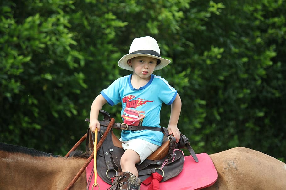 Child, Horse, Hat, Mount, Cowboy, happy, horse riding, animals HD wallpaper