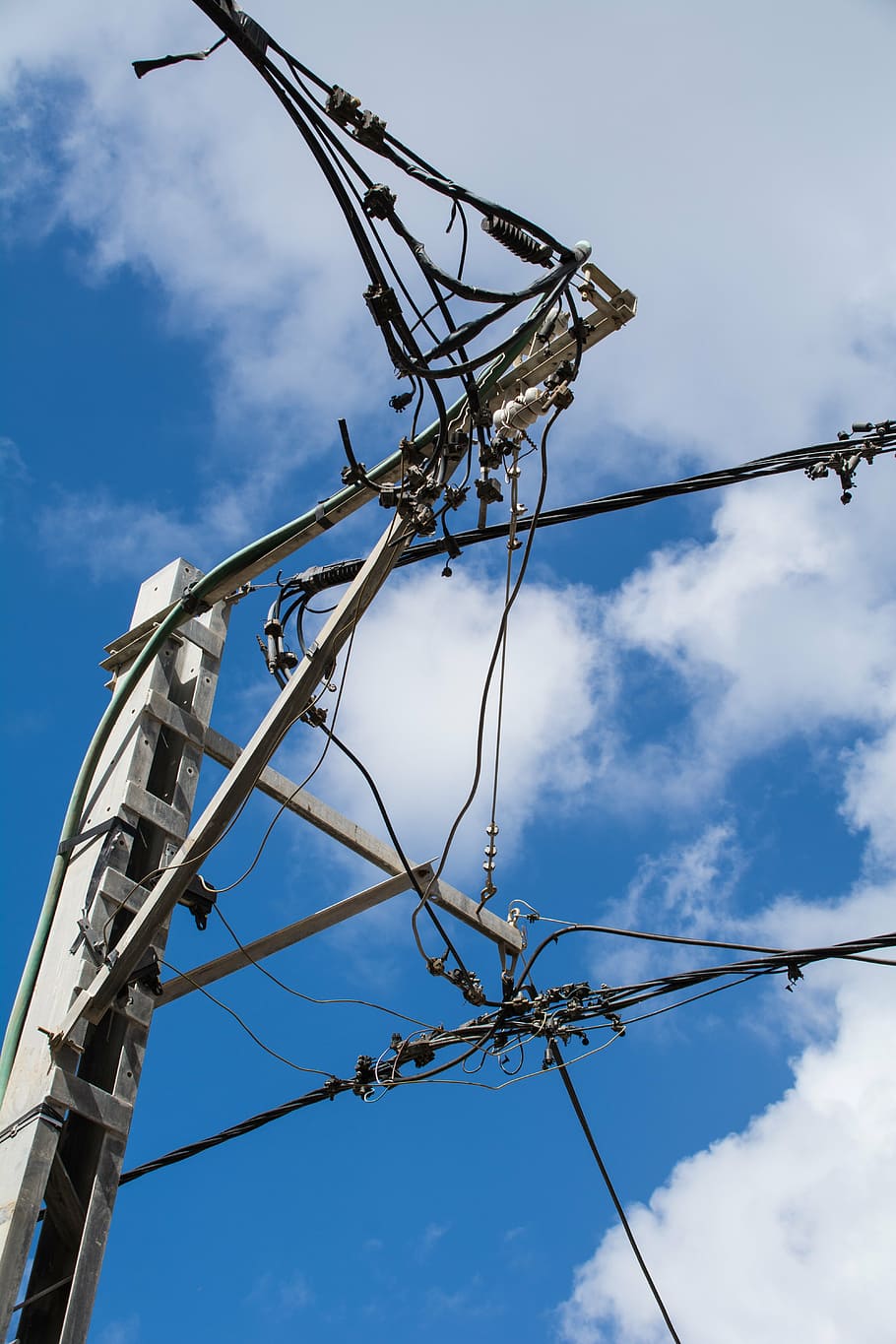 electronic, tower, mast, wire, current, low angle view, sky HD wallpaper