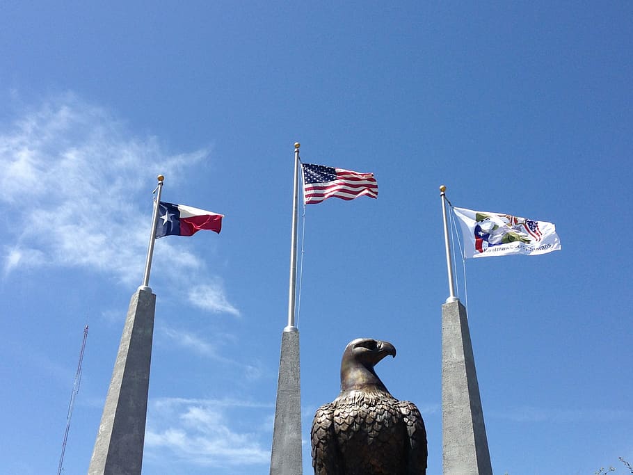 three assorted flags waving under clear blue sky, eagle, texas HD wallpaper