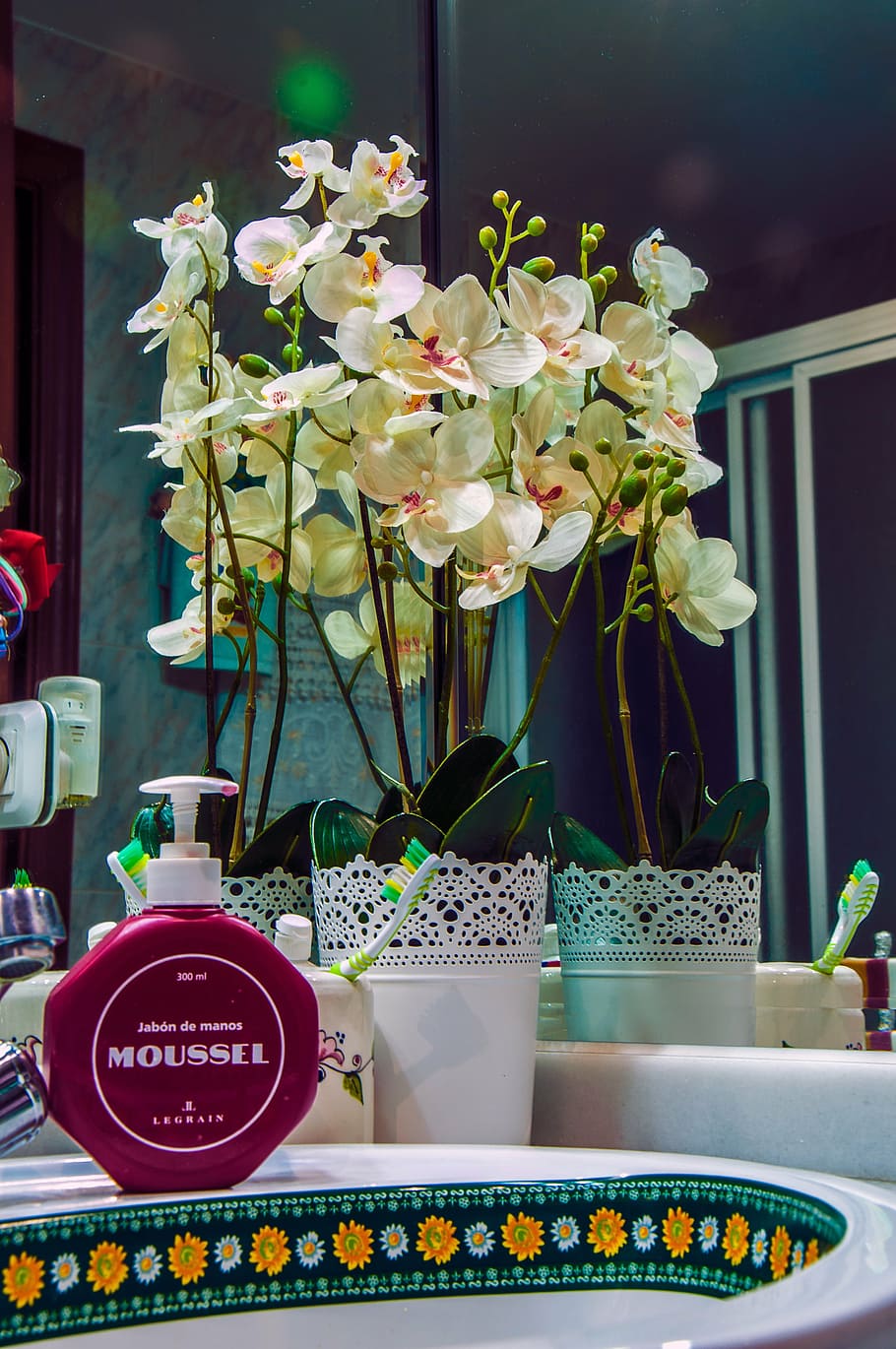 bathroom, mirror, home, inside, orchid, decoration, flower HD wallpaper