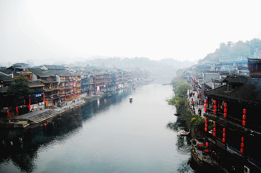 aerial photography of river in between houses, China, Hunan, Western, HD wallpaper