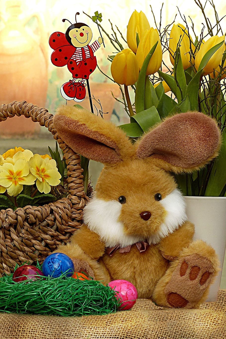 easter bunny, deco, still life, easter eggs, spring flowers HD wallpaper