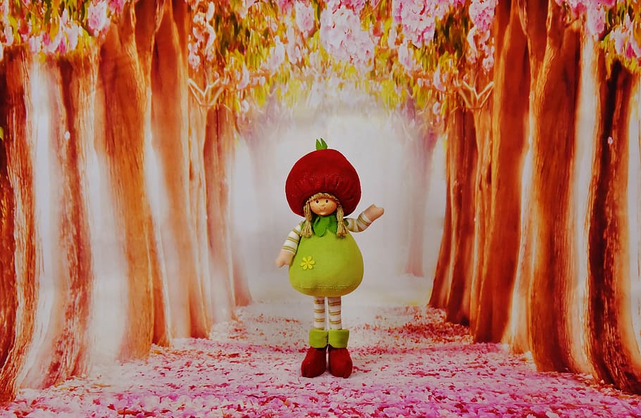 girl rug doll wallpaper, spring imp, forest, flowers, trees HD wallpaper