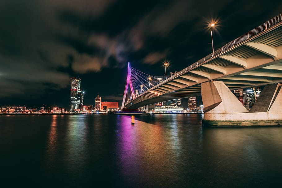 concrete bridge during nighttime, gray bridge, lights, sky, cloud HD wallpaper