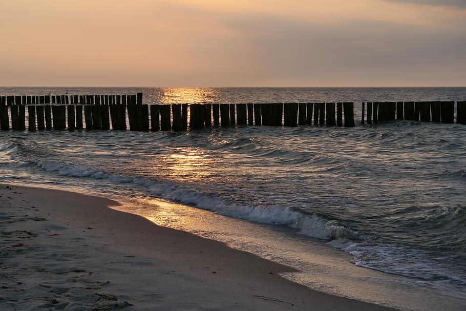 beach, sea, waters, sunset, coast, abendstimmung, sand, evening sky HD wallpaper