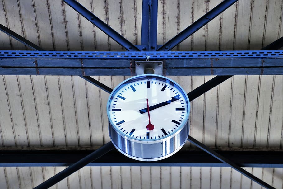 gray hanging clock, railway station, business, modern, travel
