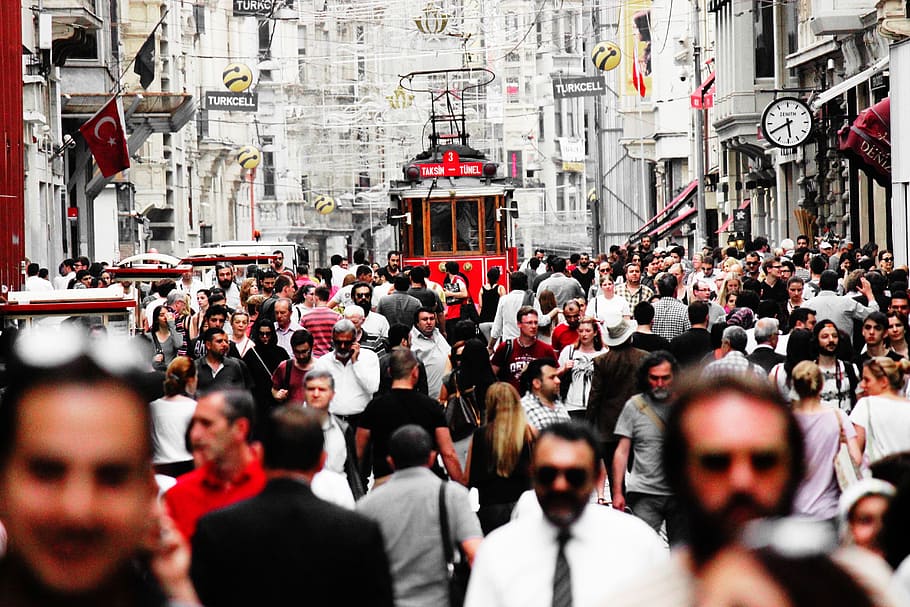 photo of people walking on streets, turkey, istanbul, crowd, tram