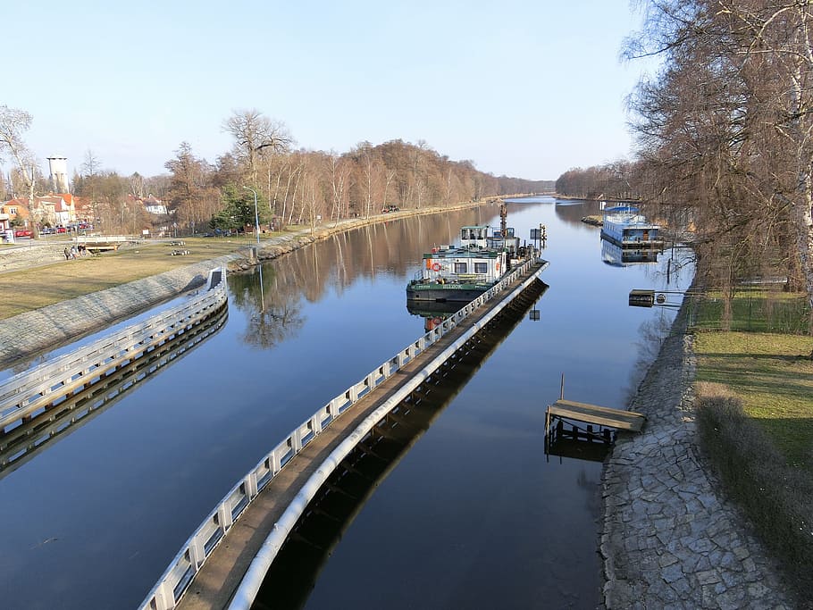 Water, Ship, Channel, Lock, czech republic, river, blue, nature HD wallpaper