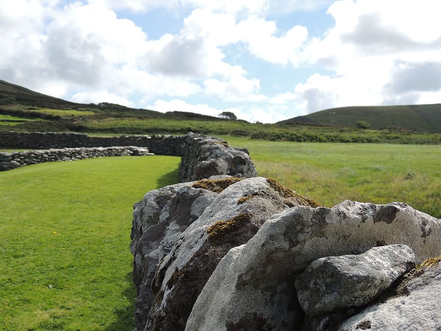 green grass field, wall, stone wall, ireland, sky, cloud - sky HD wallpaper