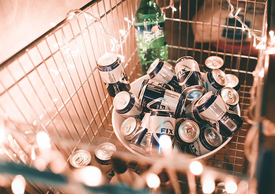 black-and-white can lot, Fix beer cans inside gray shopping cart HD wallpaper