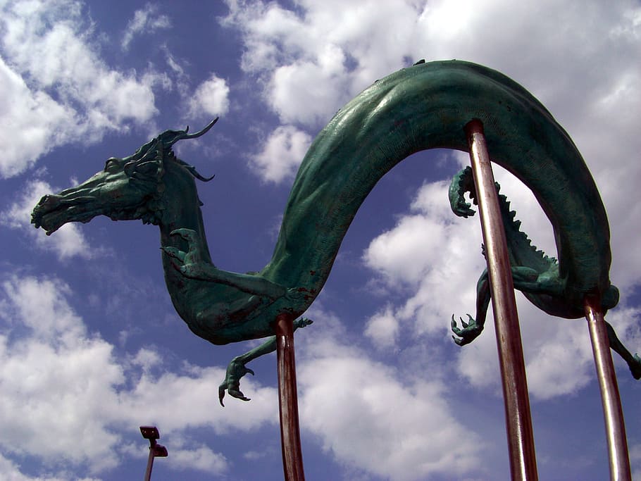 green dragon statue under cloudy sky at daytime, Dragons, Dark, HD wallpaper