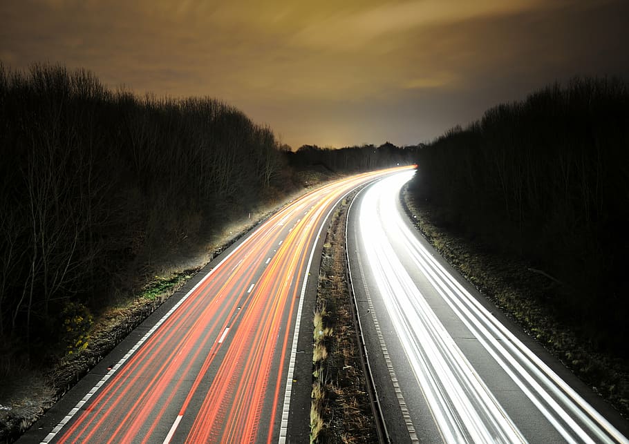 time lapse photo of two highways, light trail, long exposure, HD wallpaper