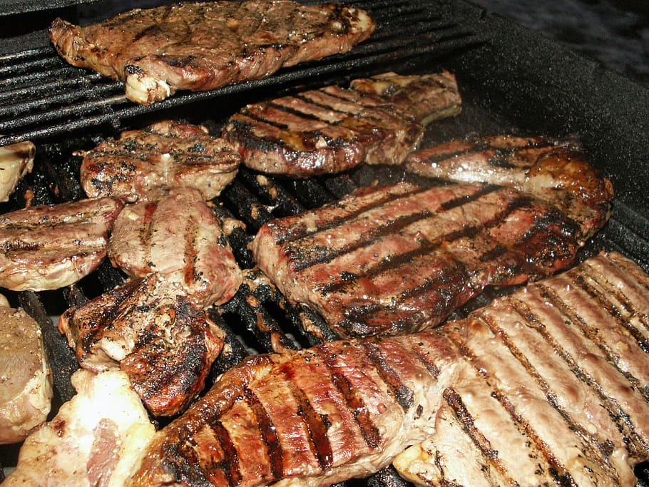 roasted meat on black grill, Steaks, Beef, Grilling, Food, Meal