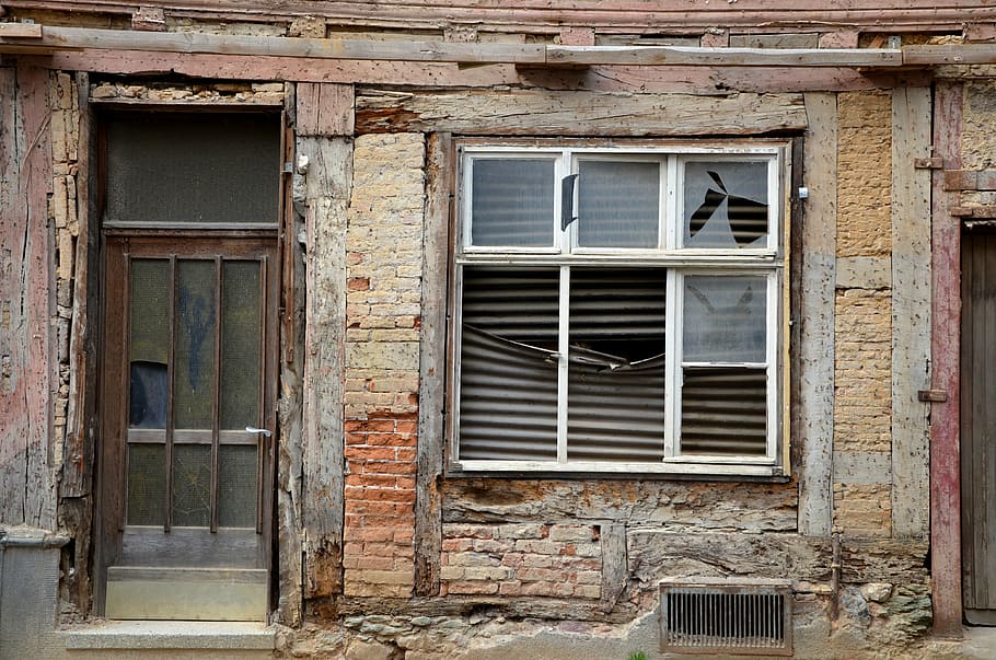 brown wooden door, home, demolition, old, dilapidated, window, HD wallpaper