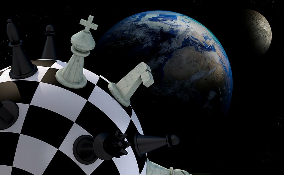 chess game illustration, figures, space, earth, planet, chess board
