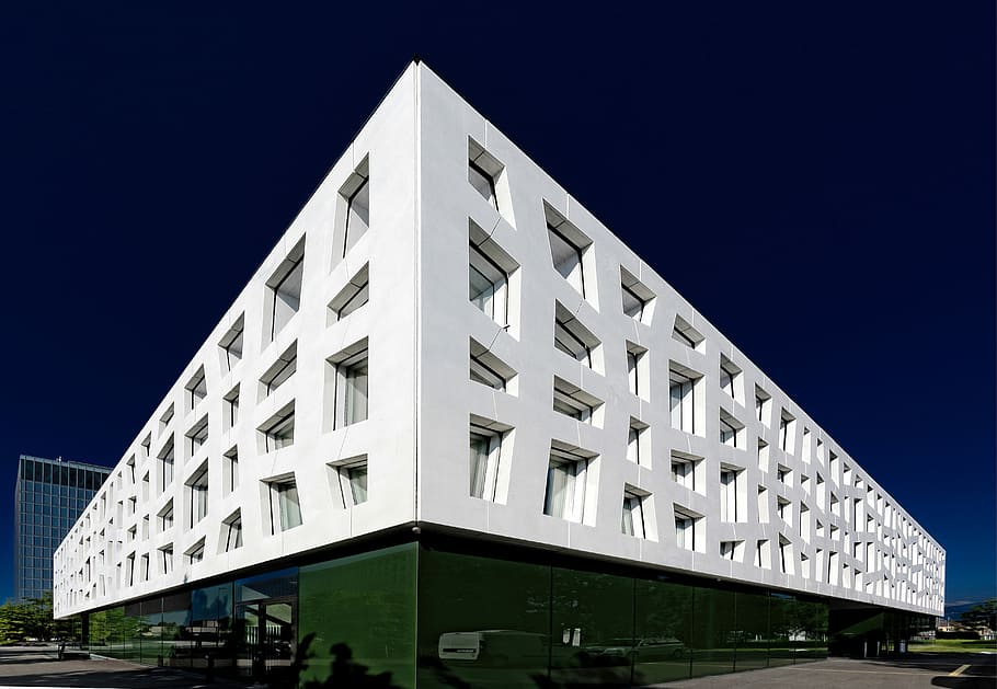low-angle photography of white and green painted building, white concrete building HD wallpaper
