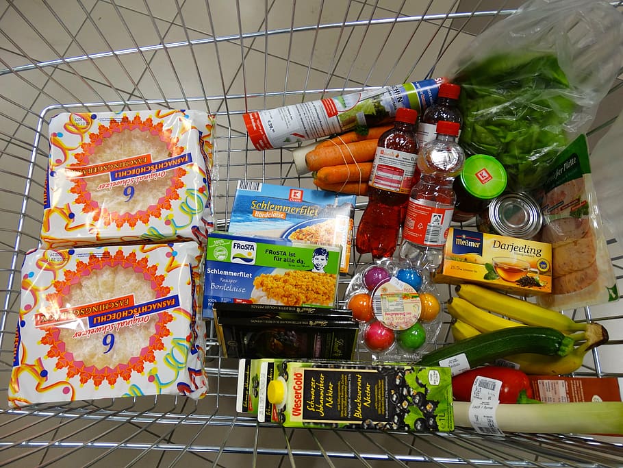 assorted groceries on grocery cart, shopping, shopping cart, food, HD wallpaper