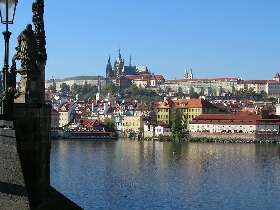 view, moldau, prague, castle, sunny, blue, city, sky blue, view from charlesbridge HD wallpaper