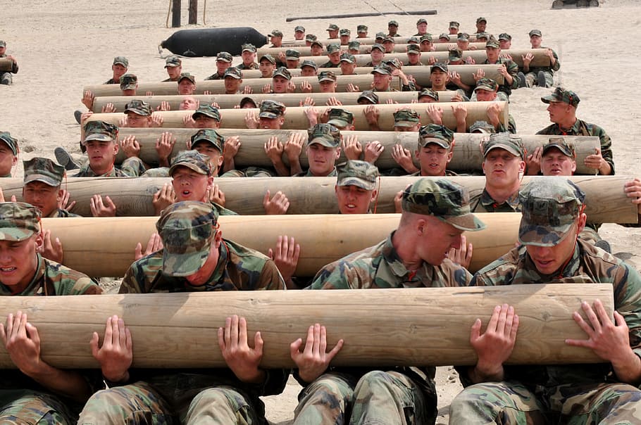 soldier holding tree log during daytime, teamwork training, logs