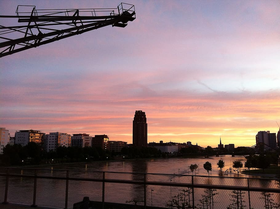 frankfurt, sunset, plane, eastern harbour, sky, clouds, architecture HD wallpaper