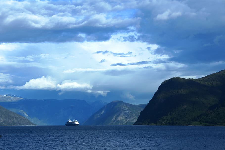 blue, clouds, far, sky, water, ship, mountains, nautical vessel HD wallpaper