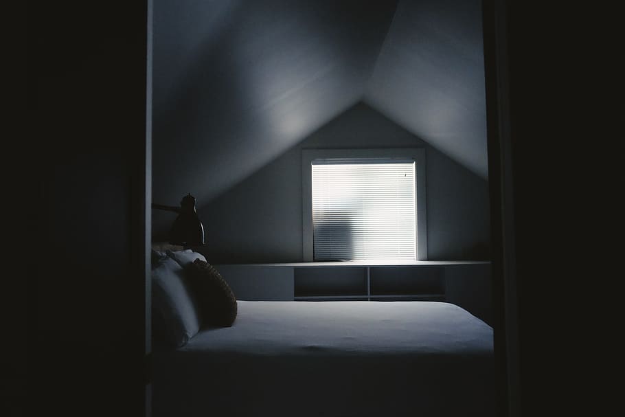white bed frame beside attic window, white mattress, grayscale HD wallpaper