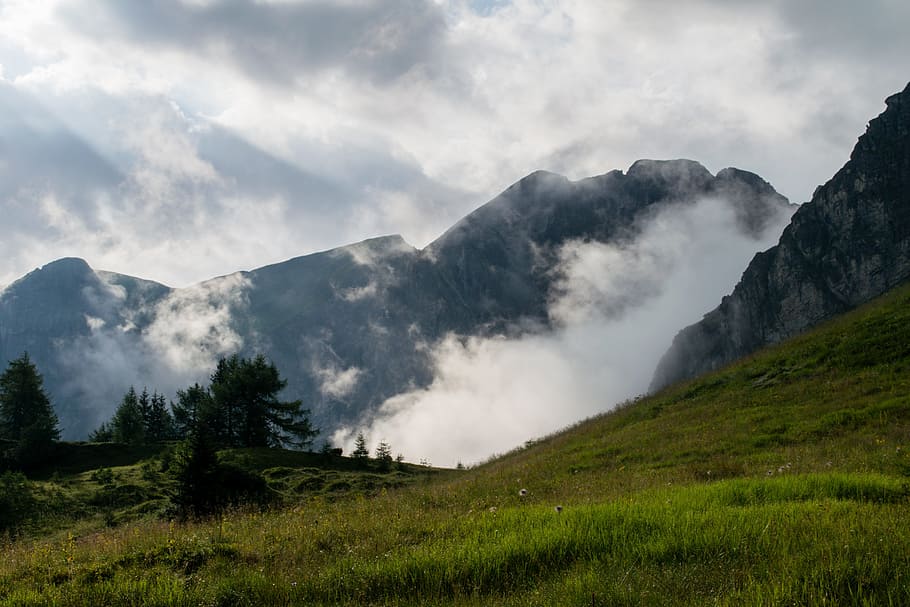 mood, fog, clouds, alpine, landscape, view, mountains, south tyrol HD wallpaper