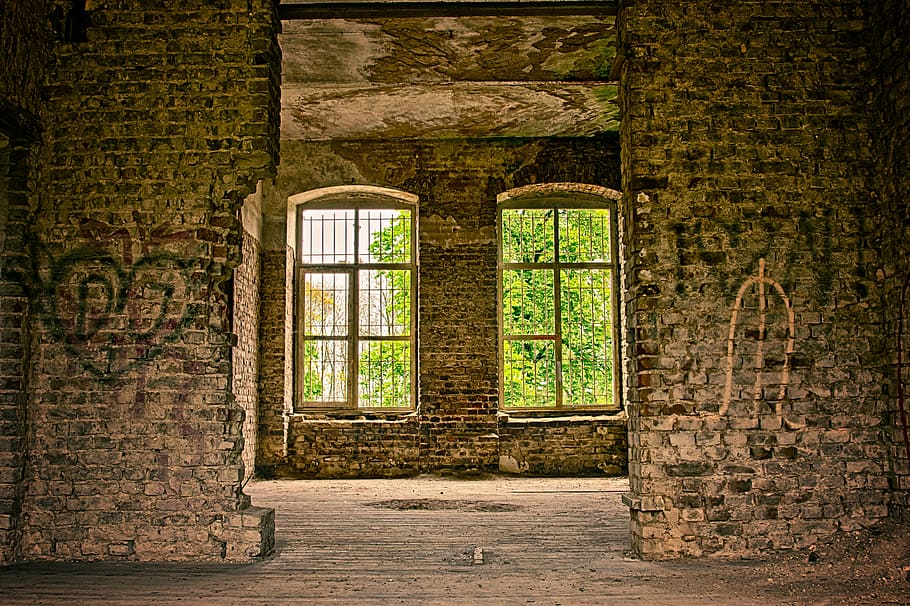 two glass window between brick pillars, home, lost places, architecture, HD wallpaper