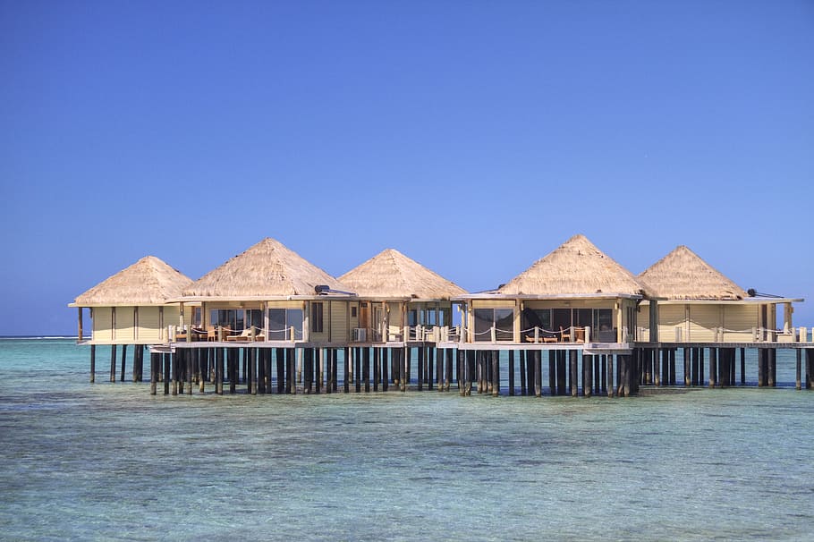 huts on seawater, samoa, beach hut, ocean, tropics, sky, resort, HD wallpaper