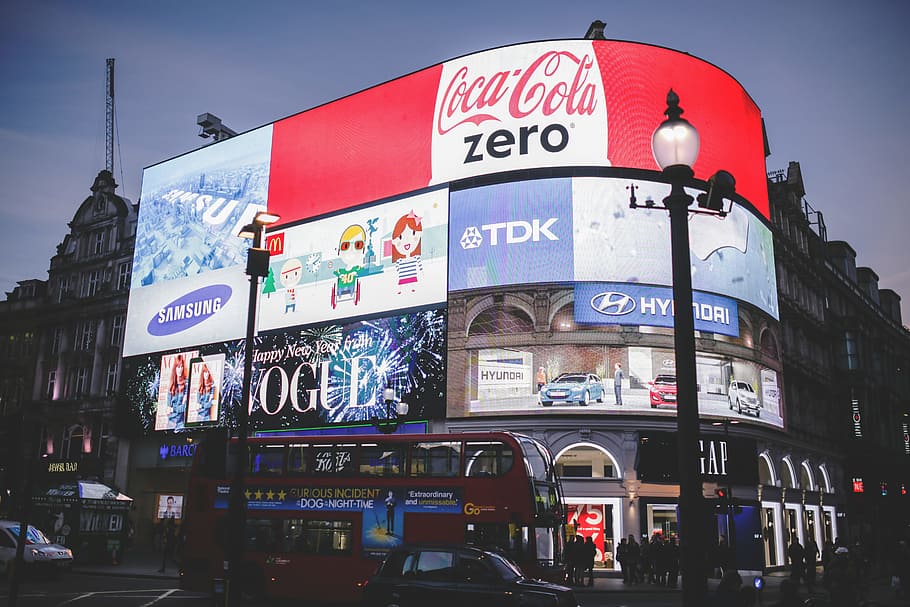 Red Coca Cola Zero Signage, advertisements, building, cars, city, HD wallpaper