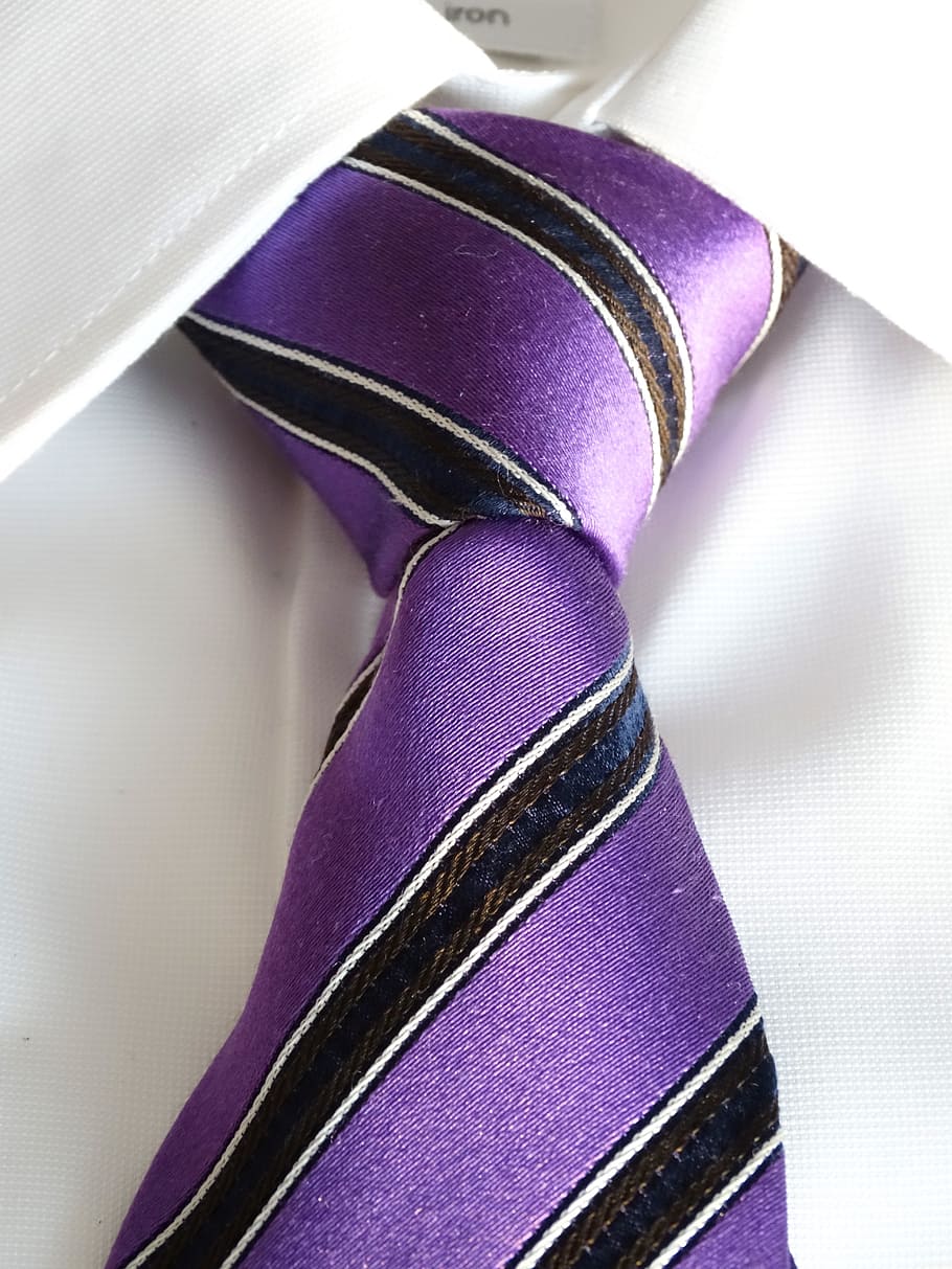 closeup photo of white collared shirt with purple, white, and black striped necktie, HD wallpaper