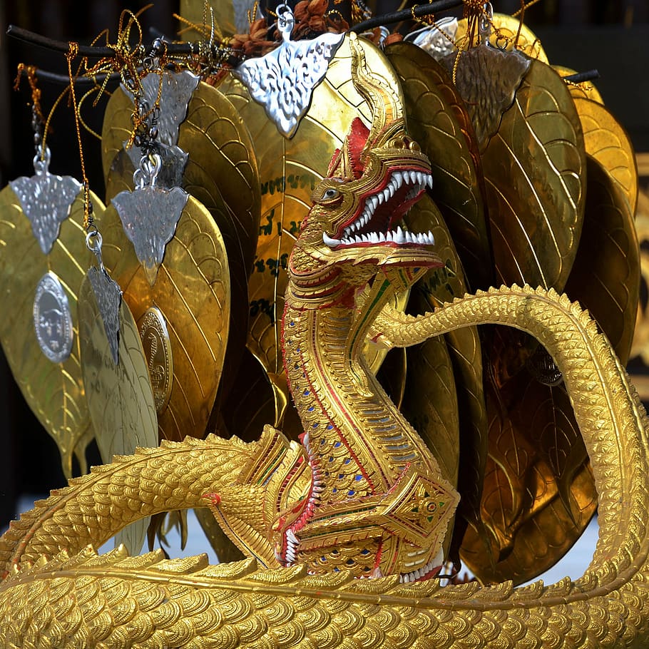 closeup photo of gold dragon figurine, leaves, spiritual, leaf