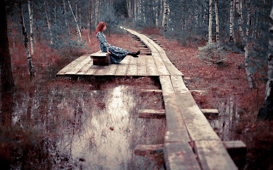 woman seating on bench, woman sitting on bench in the middle of forest HD wallpaper