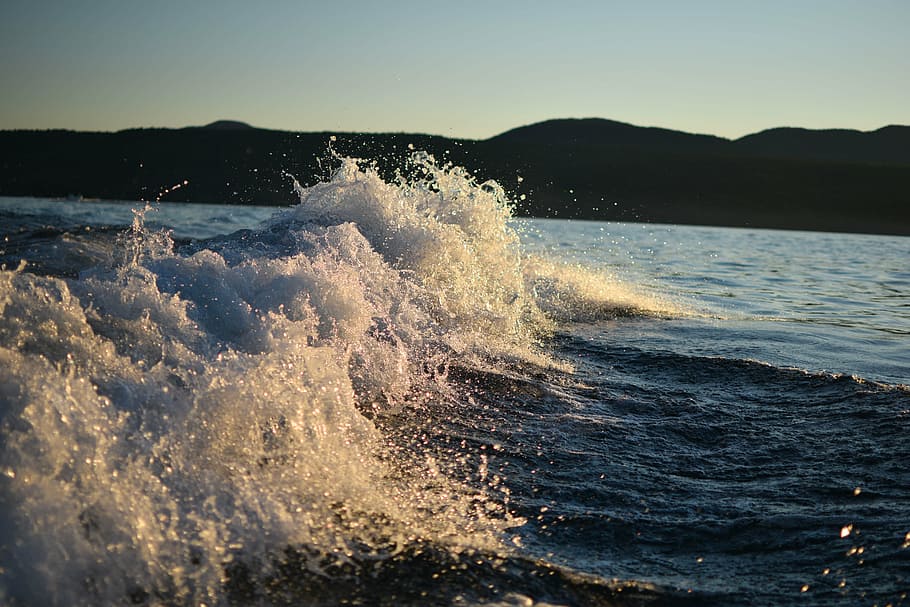 waves, lake, sky, blue, mountain, scenic, sunlight, water, motion HD wallpaper