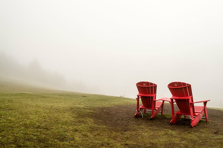 HD wallpaper: two red Adirondack chairs on field, mountain, top, foggy,  background | Wallpaper Flare