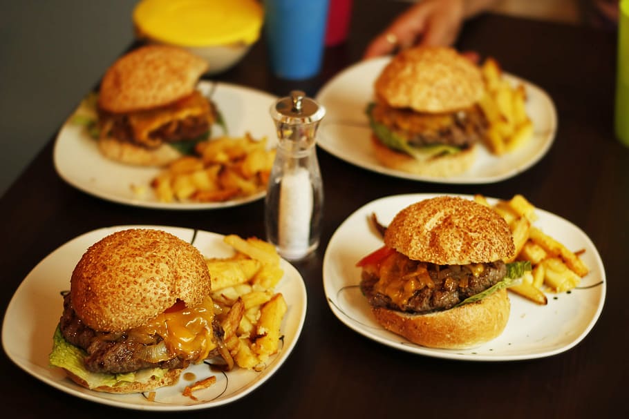 burgers on plates, hamburger, food, gourmet, french fries, beef