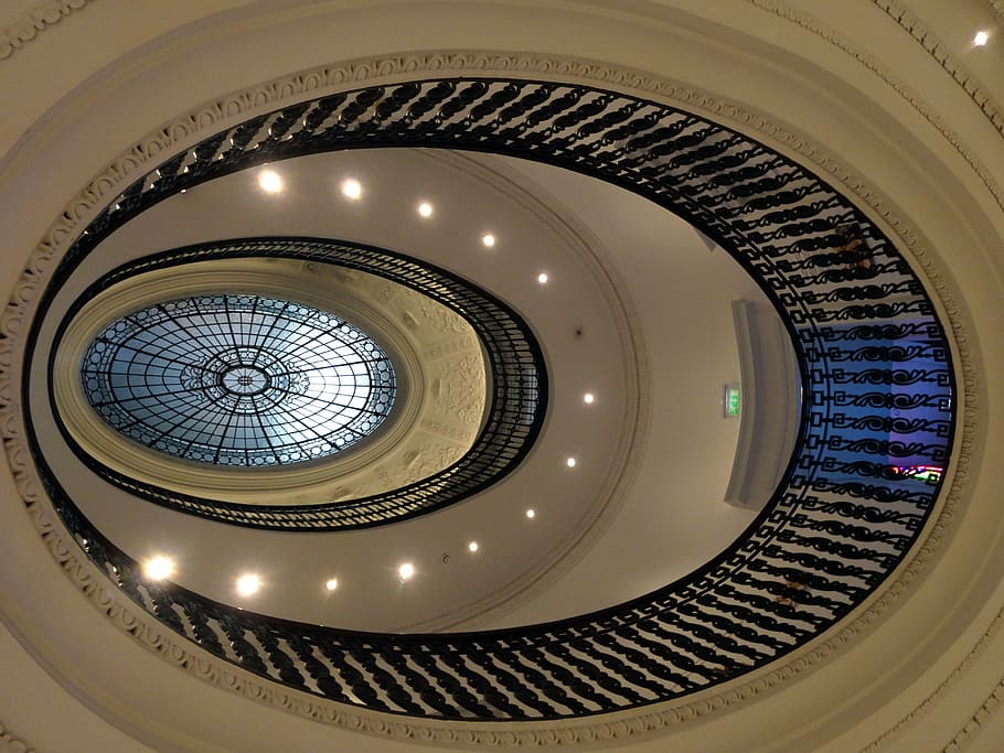 perspective, staircase, light shaft, railing, architecture HD wallpaper