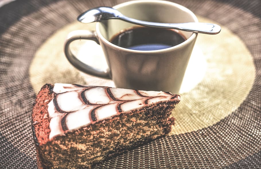 gray ceramic cup with silver spoon, black, cake, coffee, espresso HD wallpaper