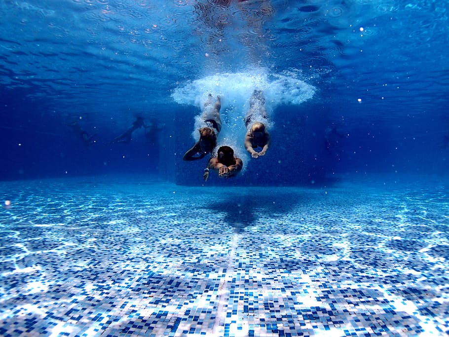 three person diving on water, underwater photography of three person swimming underwater, HD wallpaper