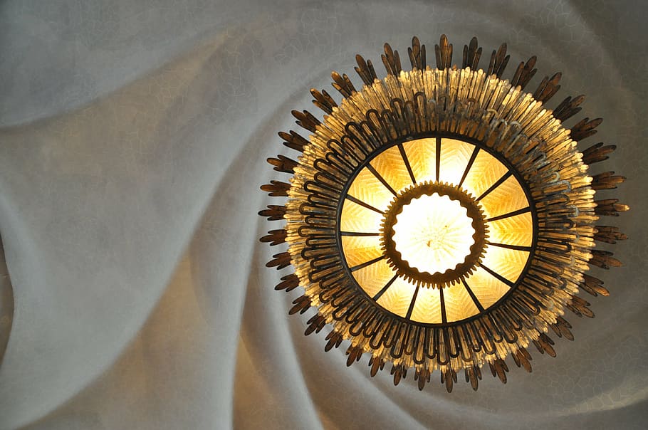 beige and brown light-up fixture, lamp, fun, ceiling lamp, architecture HD wallpaper