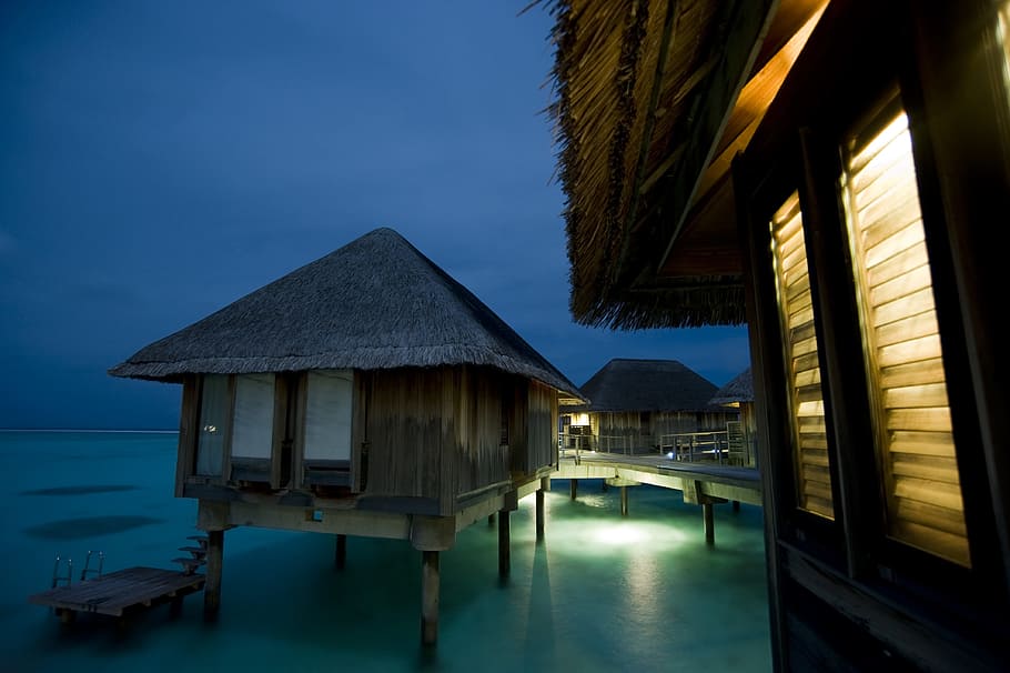 house in body of water, maldives, summer, night, architecture HD wallpaper